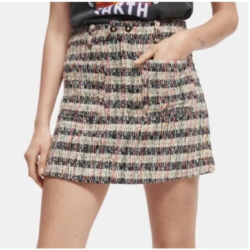 Scotch & Soda Tweed Mini Skirt in Cream, Black & Pink Plaid